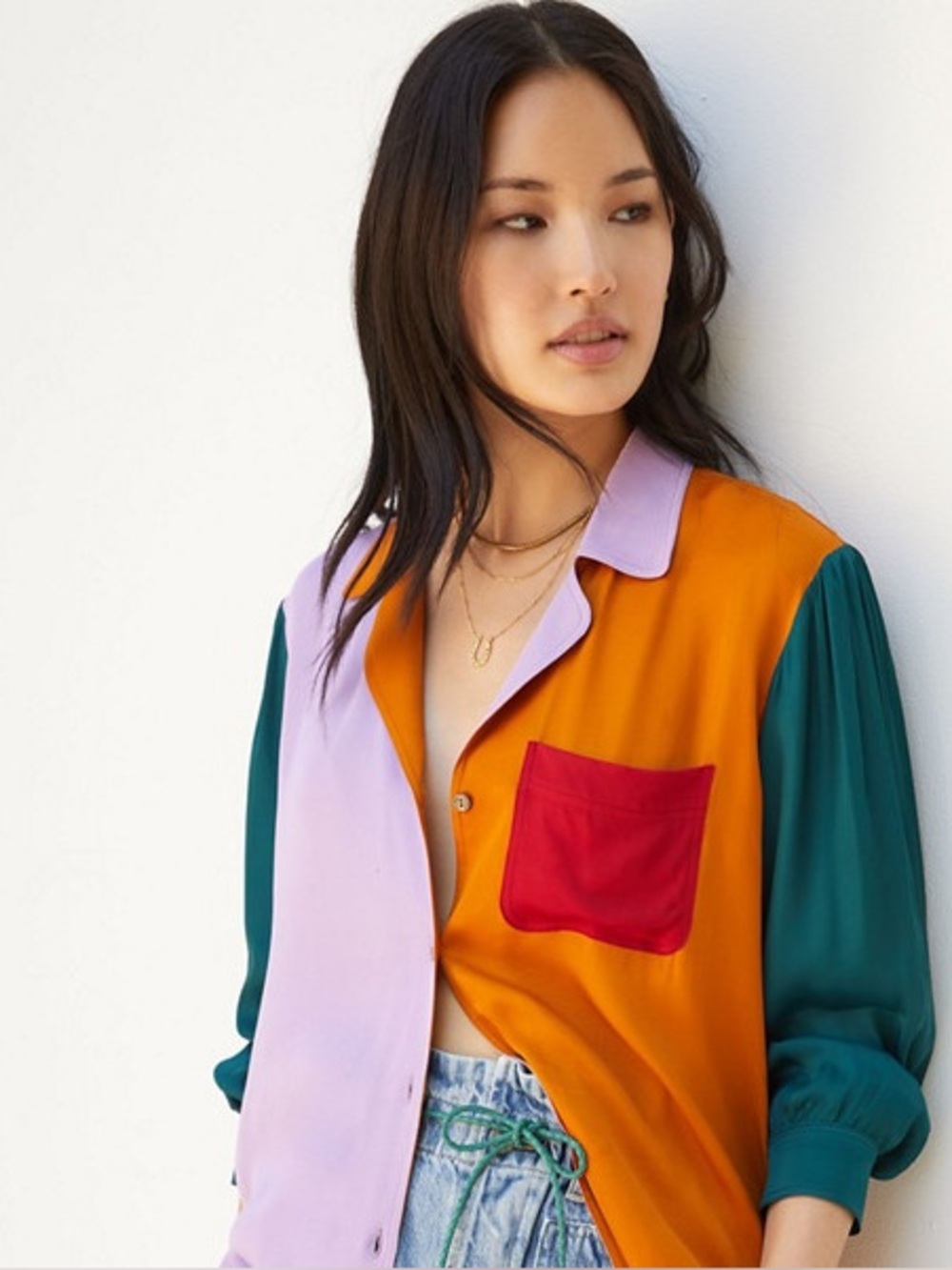 Colorblock Button Up Farm Rio Anthropologie top in Orange, Lavender, Teal & Red